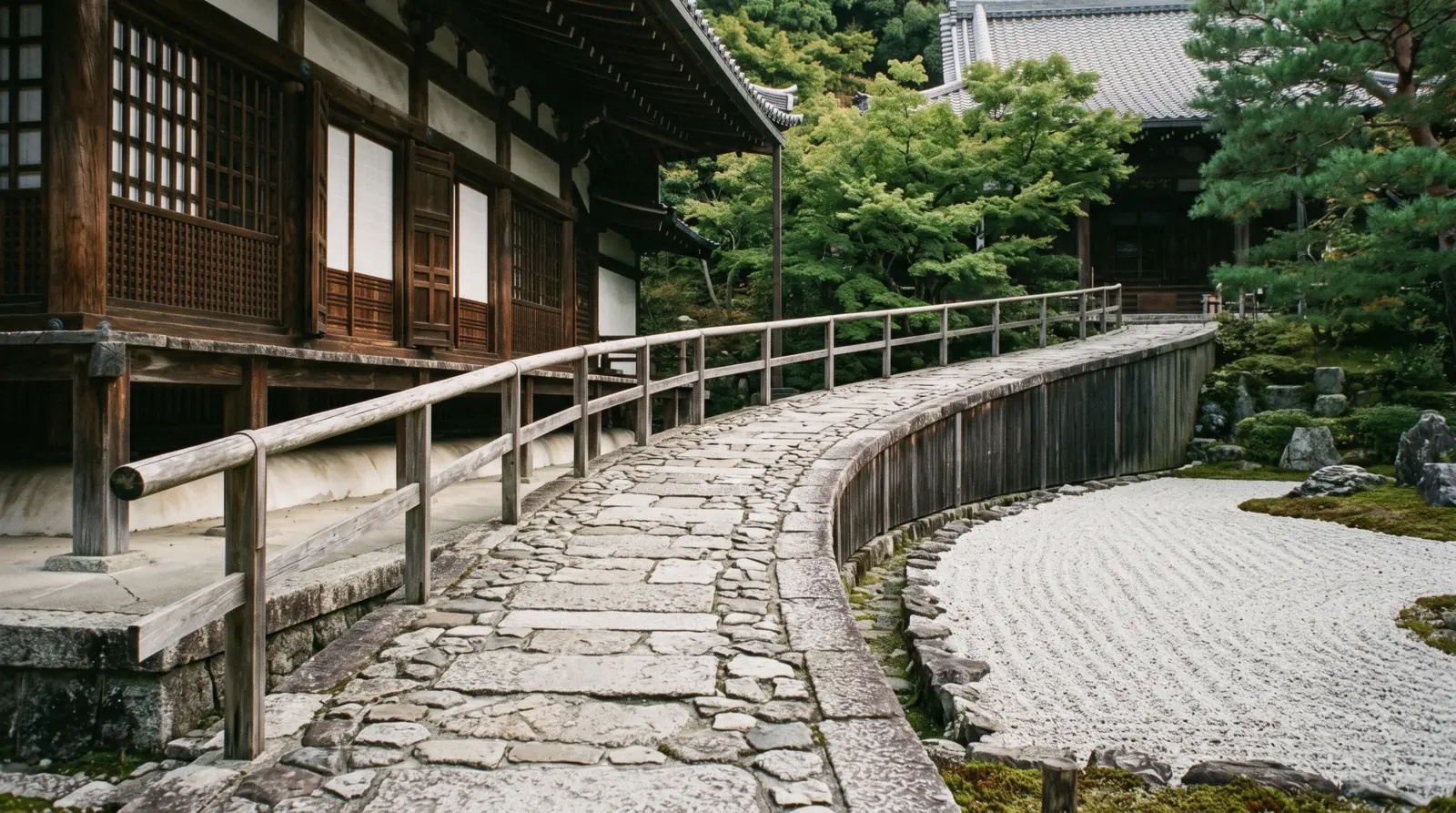 A gently ramped stone path beside a temple hall with a handrail, accessible Kyoto Japan