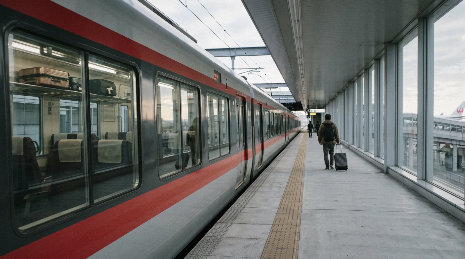 A limited express train waiting at an airport platform with luggage racks visible, Kansai airport to Kyoto Japan