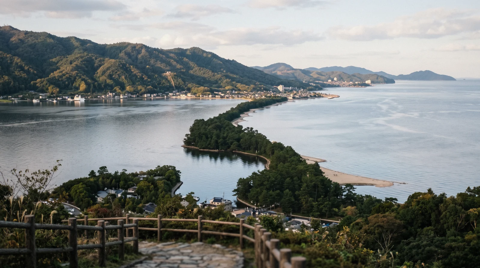 The pine-covered sandbar of Amanohashidate crossing the bay seen from the hillside viewpoint, Japan