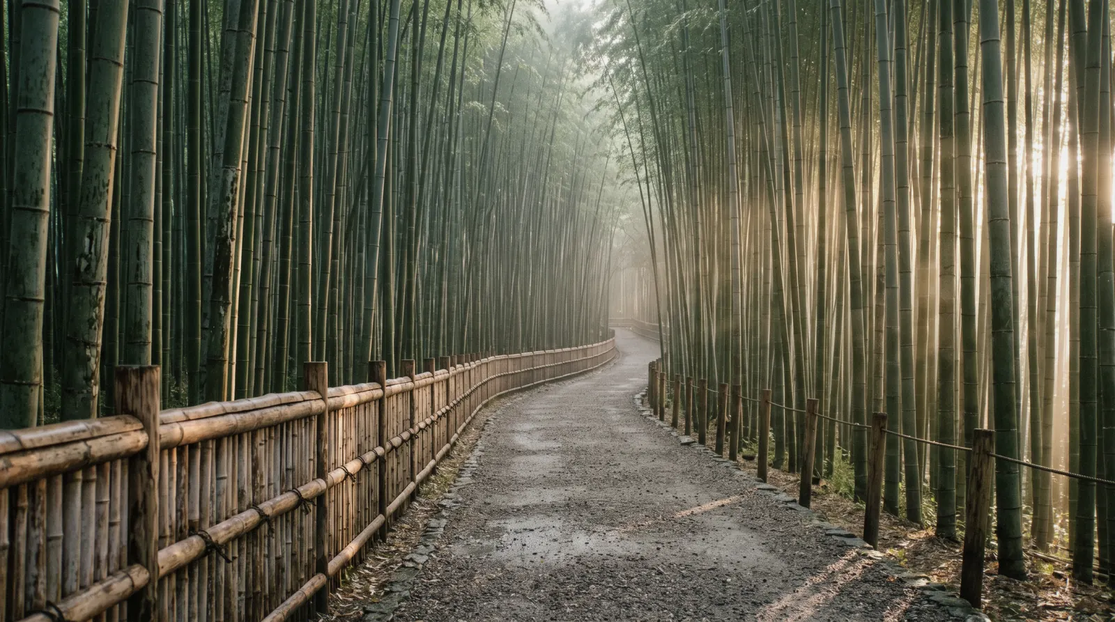Low morning light between the bamboo stems on the Sagano path at Arashiyama with nobody on it, Kyoto Japan