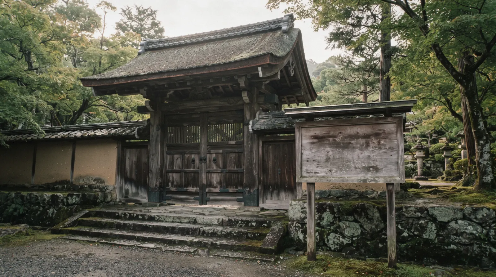 A closed temple gate with a wooden notice board beside it in morning light, Kyoto closures Japan