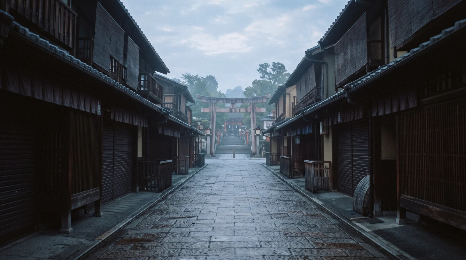 An empty stone lane and a shrine approach at first light with nobody about, free things to do in Kyoto Japan