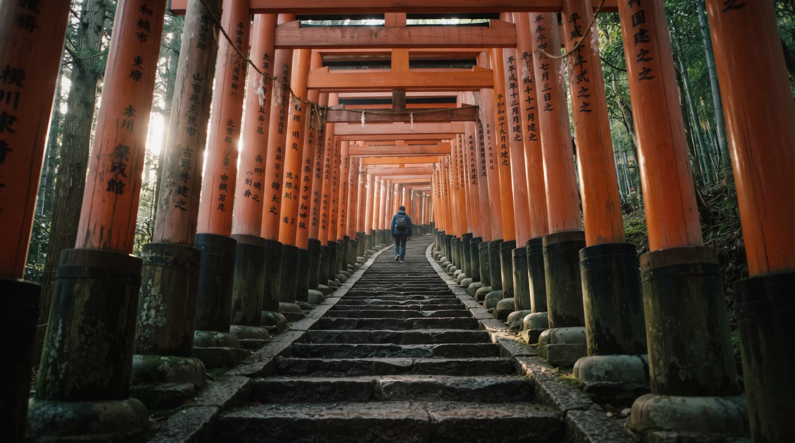 Sunlight crossing the double row of vermilion torii on the Senbon Torii path at Fushimi Inari, Kyoto Japan