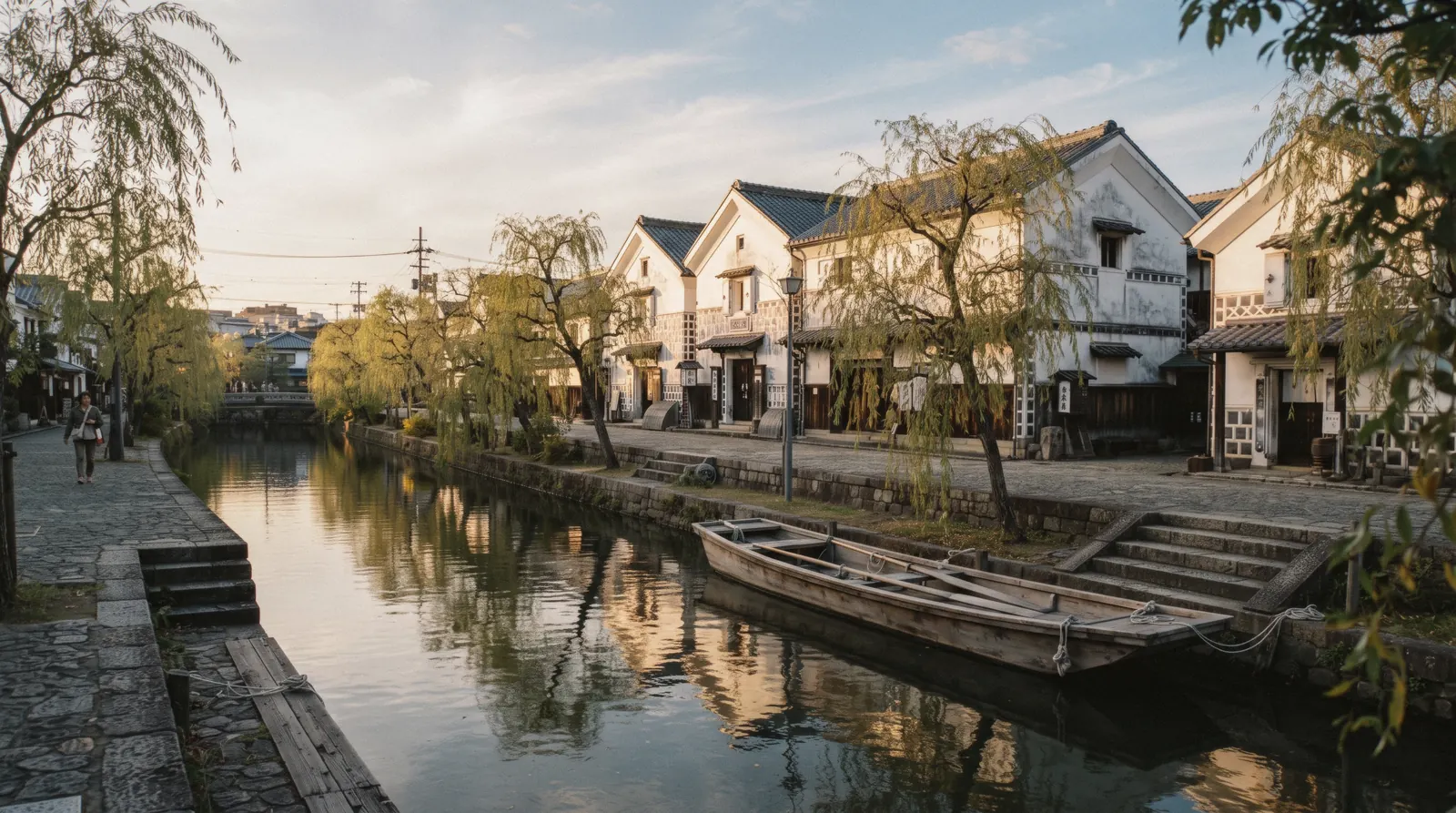 White-walled sake warehouses reflected in the Horikawa canal at Fushimi with a wooden boat moored, Kyoto Japan