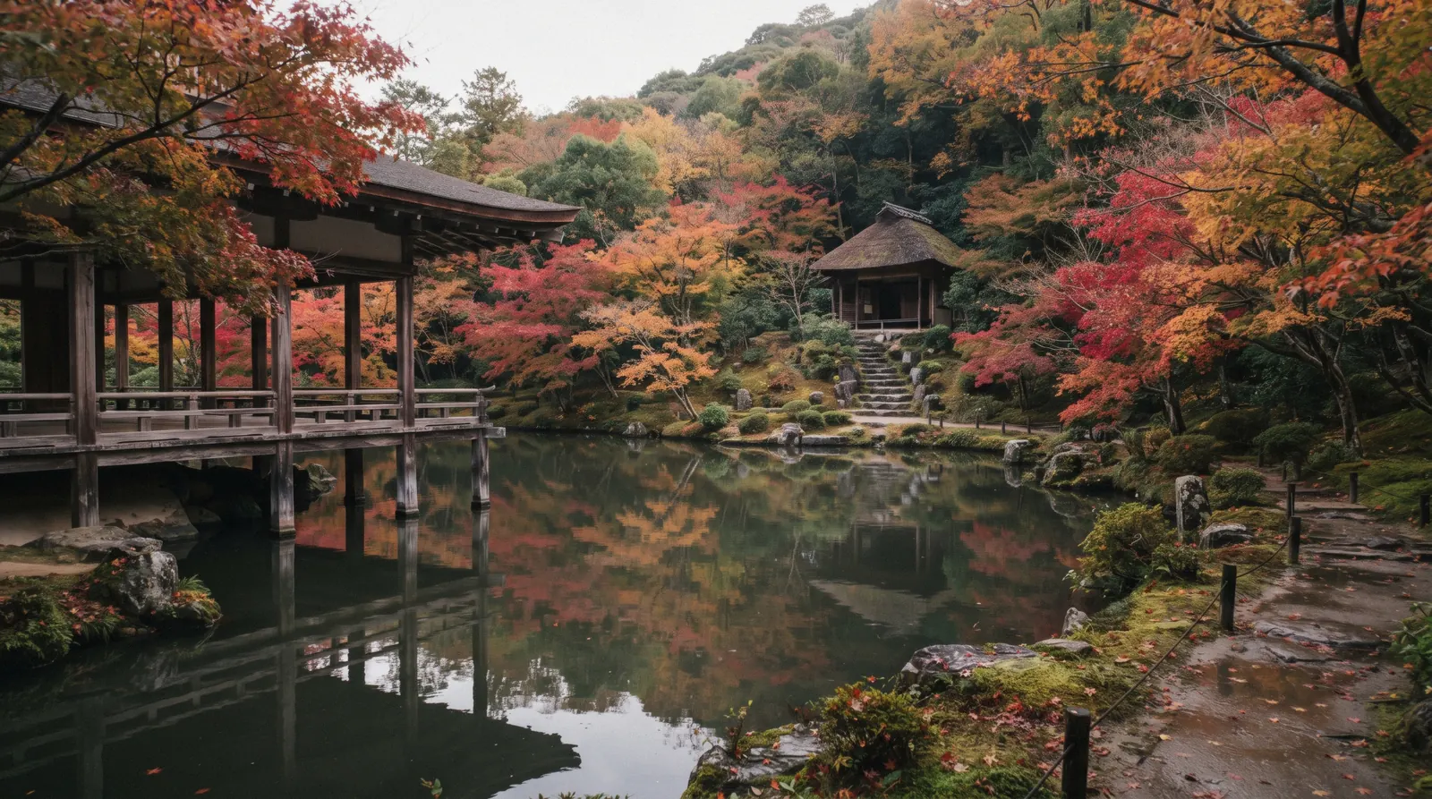 The pond garden and open hall of Kodai-ji under maples in the late afternoon, Kyoto Japan