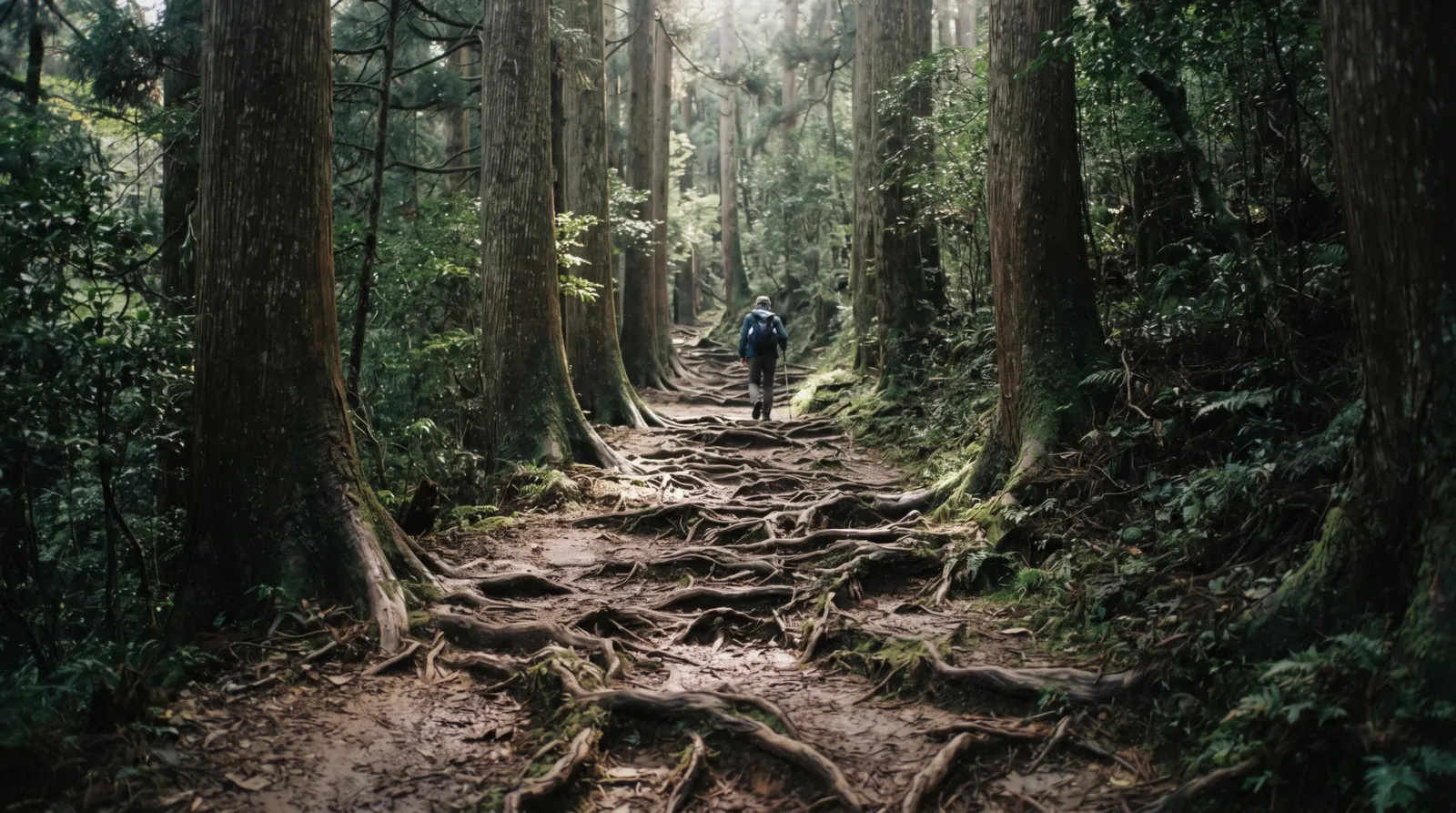Cedar roots crossing the mountain path between Kurama and Kibune in dappled light, Kurama Kyoto Japan