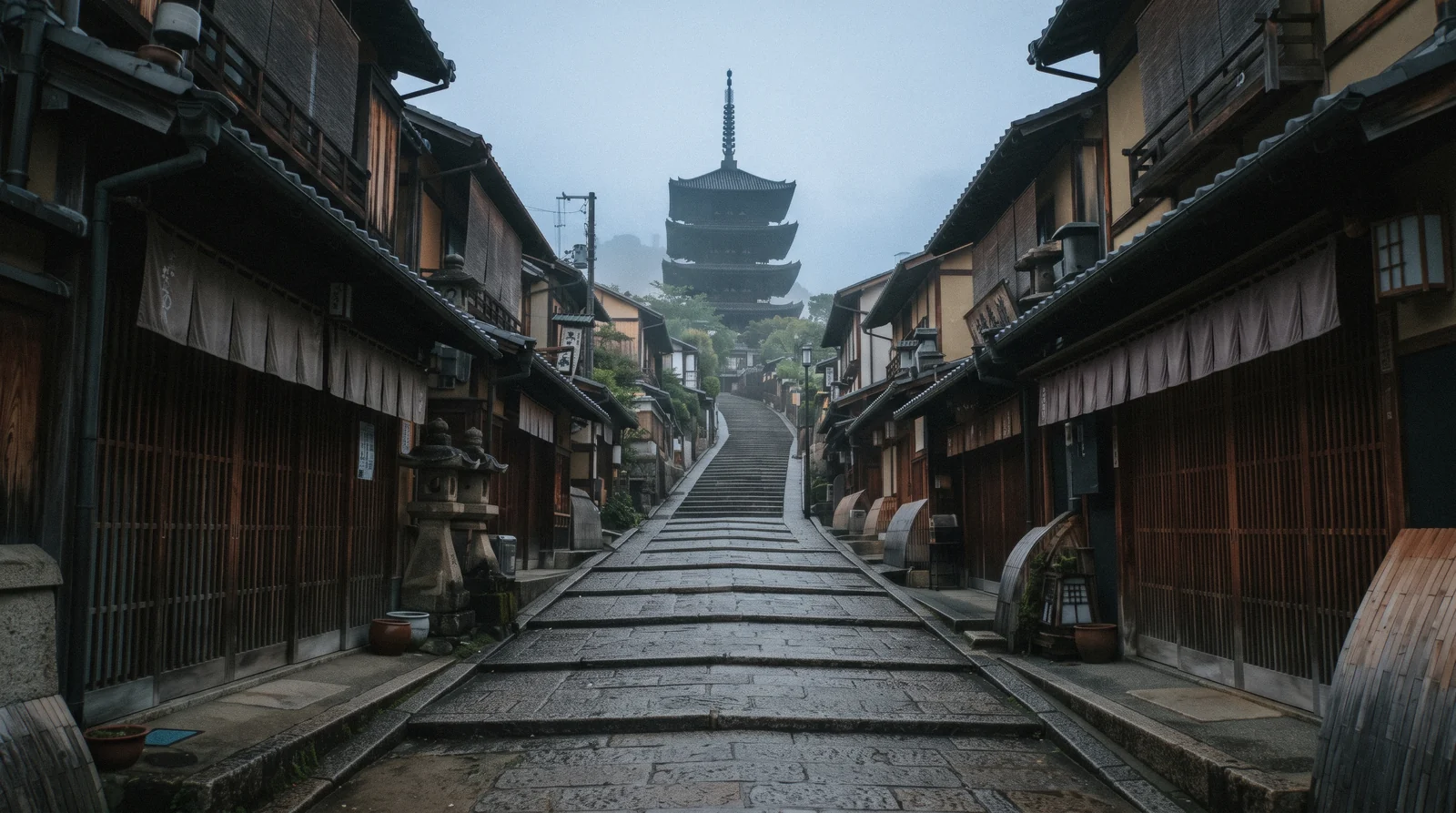 Empty stone lane in Higashiyama at first light with the pagoda beyond, Kyoto in 1 day Japan
