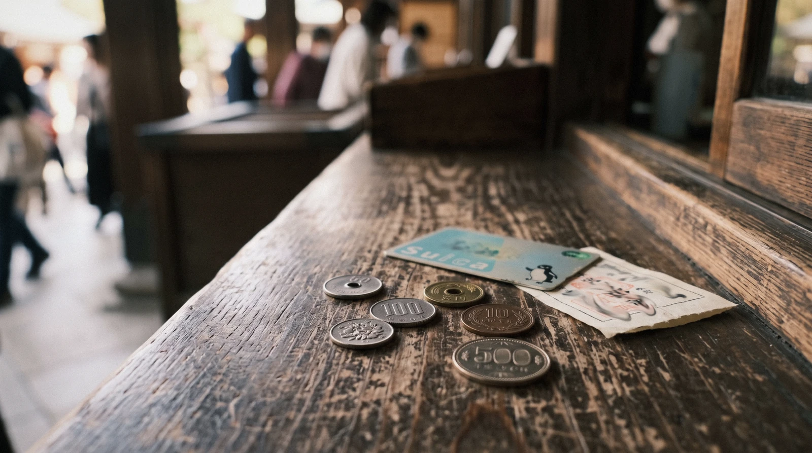 Coins and a transit card on a wooden counter beside a temple ticket, what Kyoto costs Japan