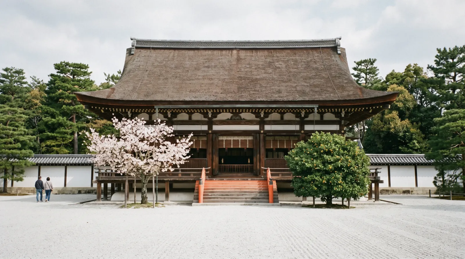 The cypress-bark roof and gravel forecourt of the Shishinden hall at the Kyoto Imperial Palace, Kyoto Japan