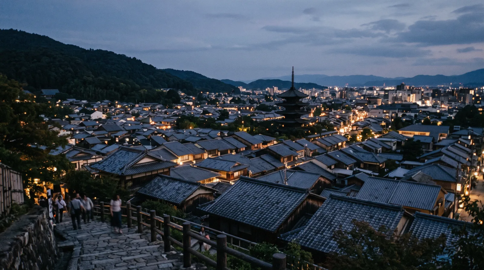 Kyoto rooftops and the eastern hills seen from above at dusk, Kyoto map Japan