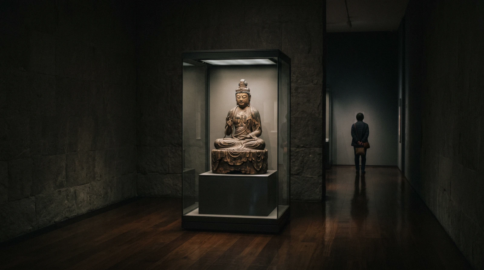 A quiet museum gallery with a lit display case and polished floor, Kyoto museums Japan