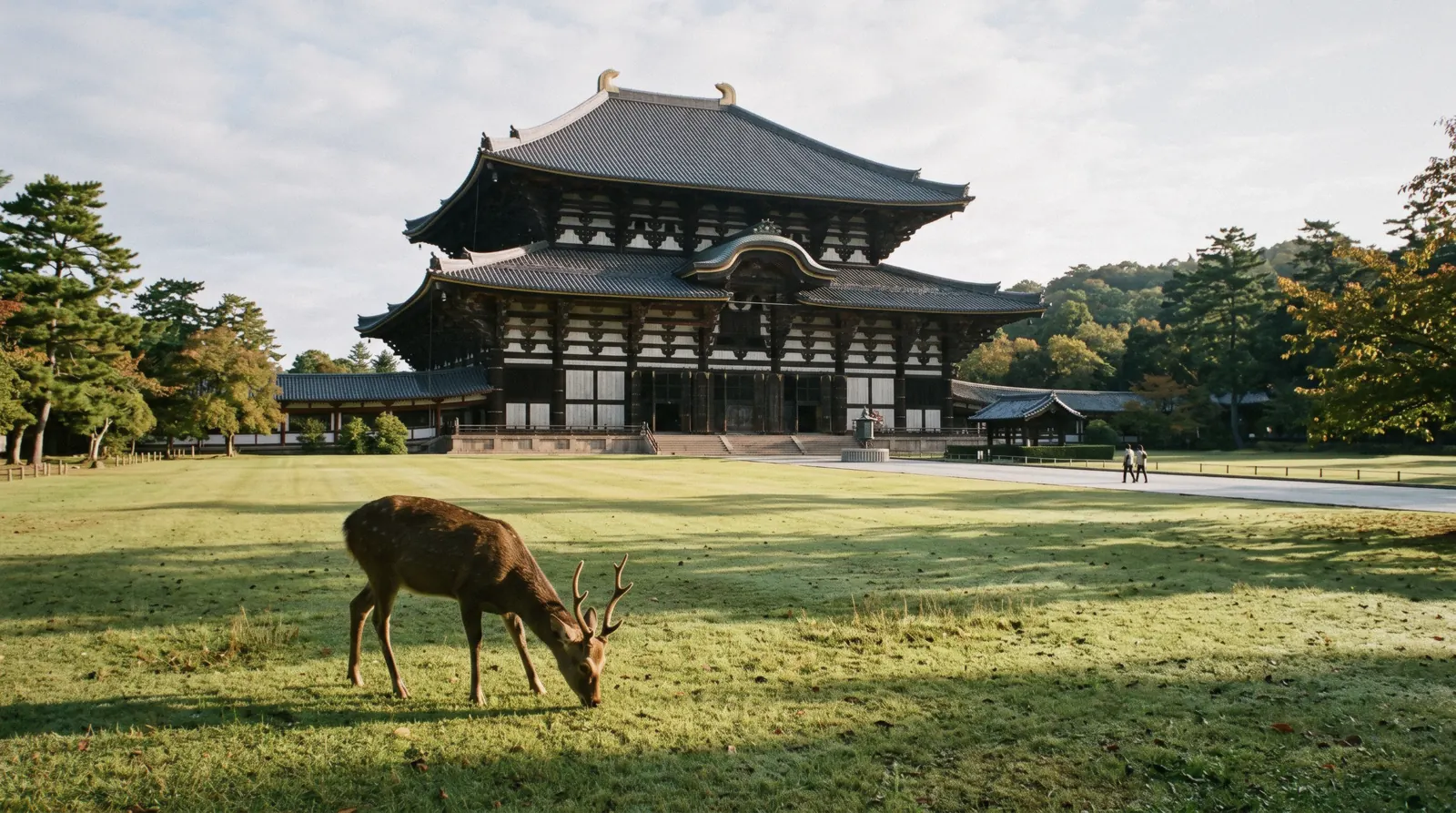 Deer on the lawns in front of the Great Buddha Hall at Todai-ji in morning light, Nara day trip from Kyoto Japan
