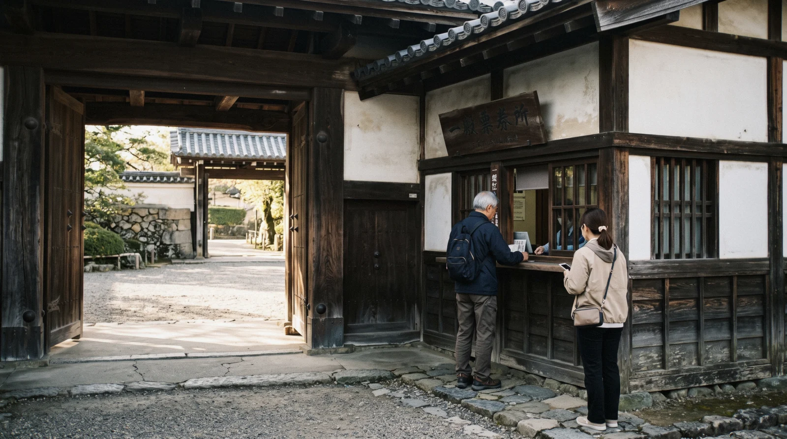 The ticket windows beside the Higashi Ote-mon gate at Nijo Castle in the morning, Nijo Castle tickets Kyoto Japan