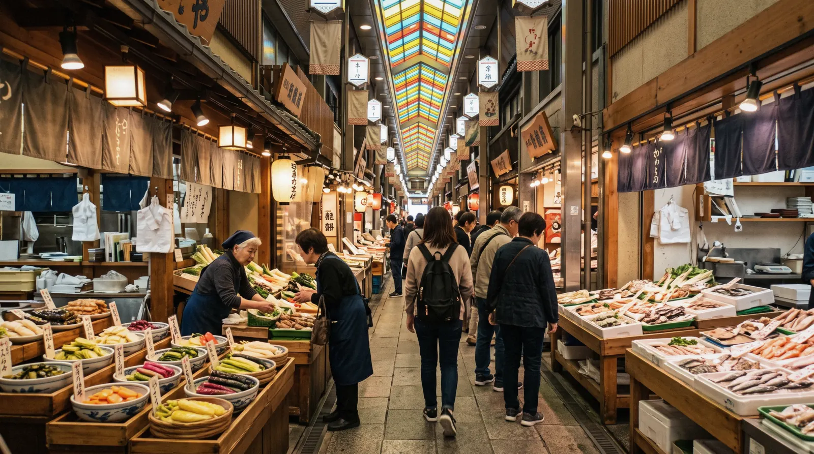 The coloured arcade roof and stalls of Nishiki Market with early shoppers under it, Kyoto Japan