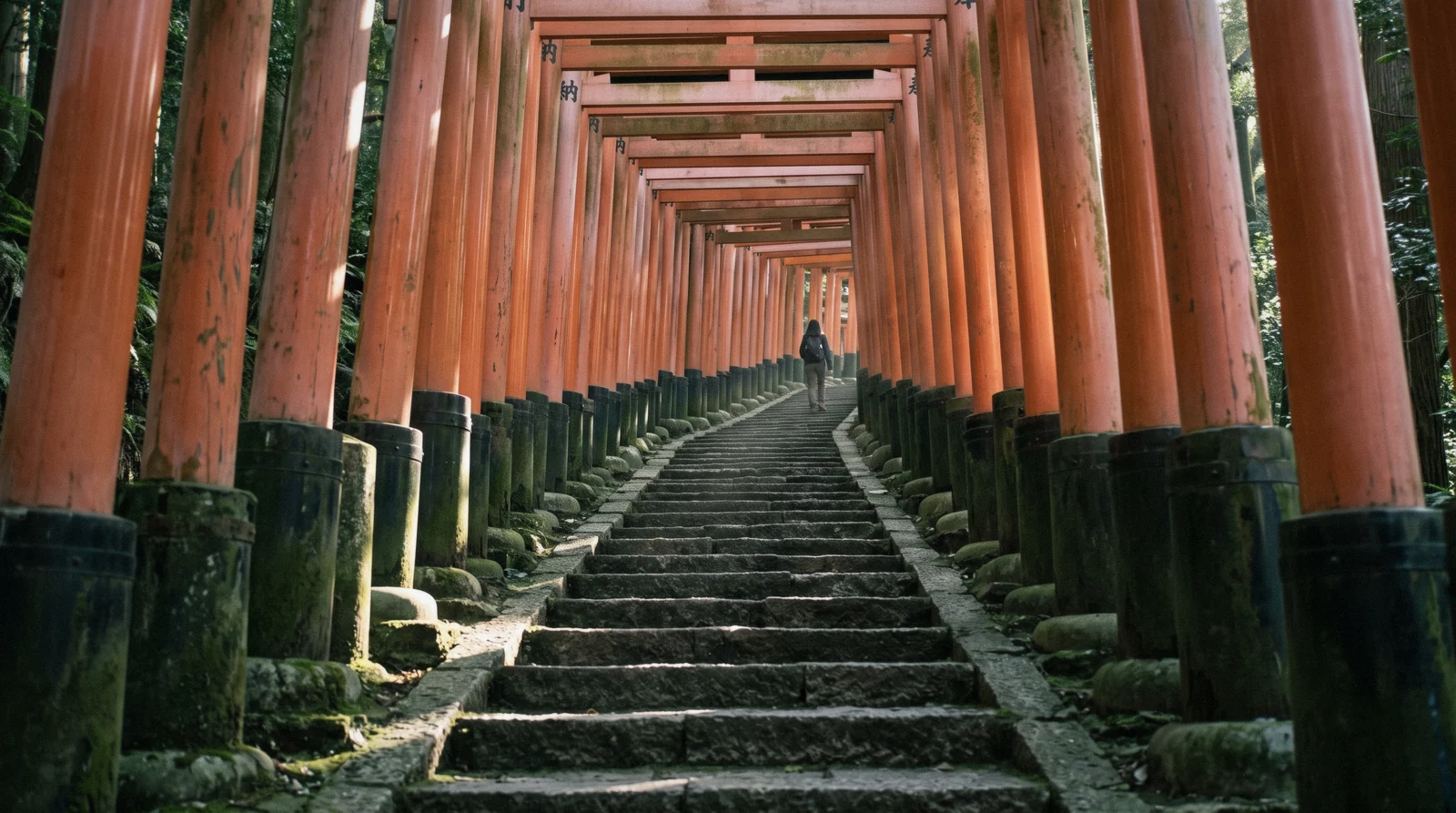 The vermilion torii corridor climbing away at Fushimi Inari in early light, things to do in Kyoto Japan