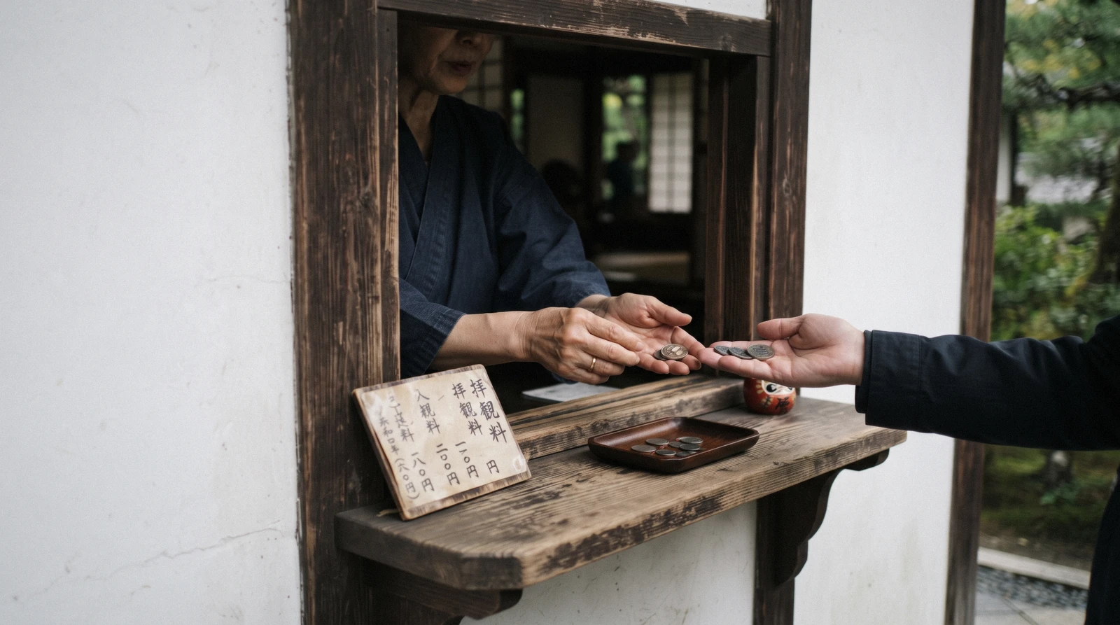 A temple ticket window with a wooden counter and a price board, Kyoto tickets Japan