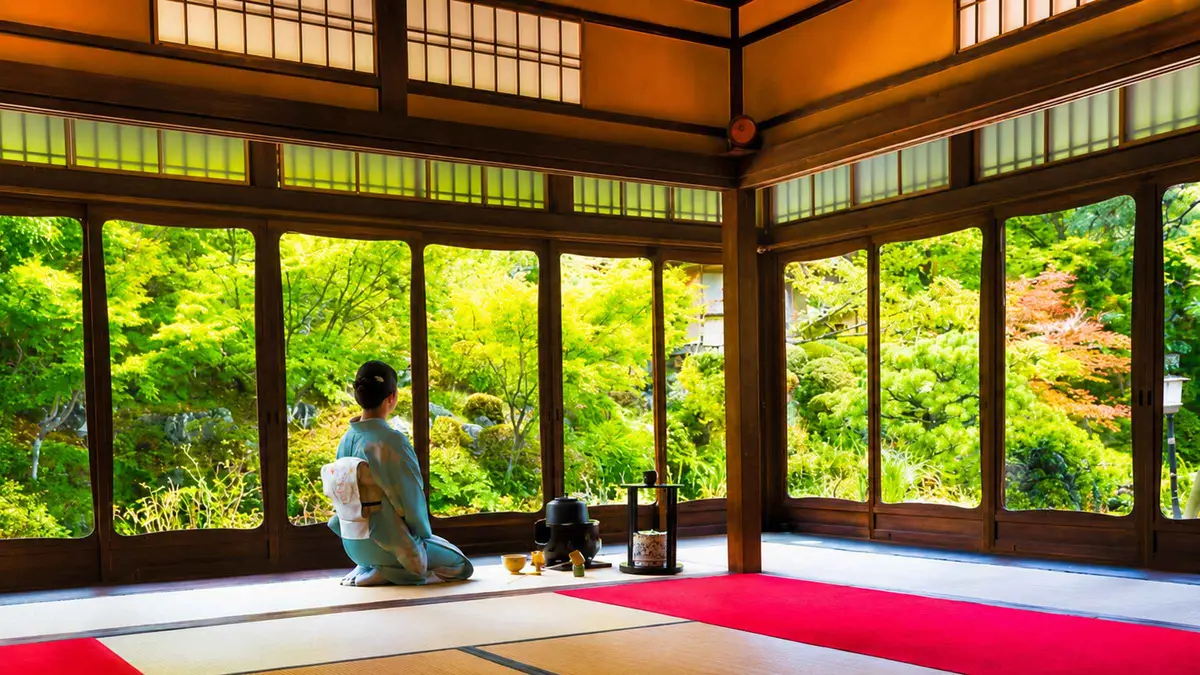 Guest whisking matcha in a tatami tea room overlooking a garden near Kiyomizu-dera, Kyoto Japan