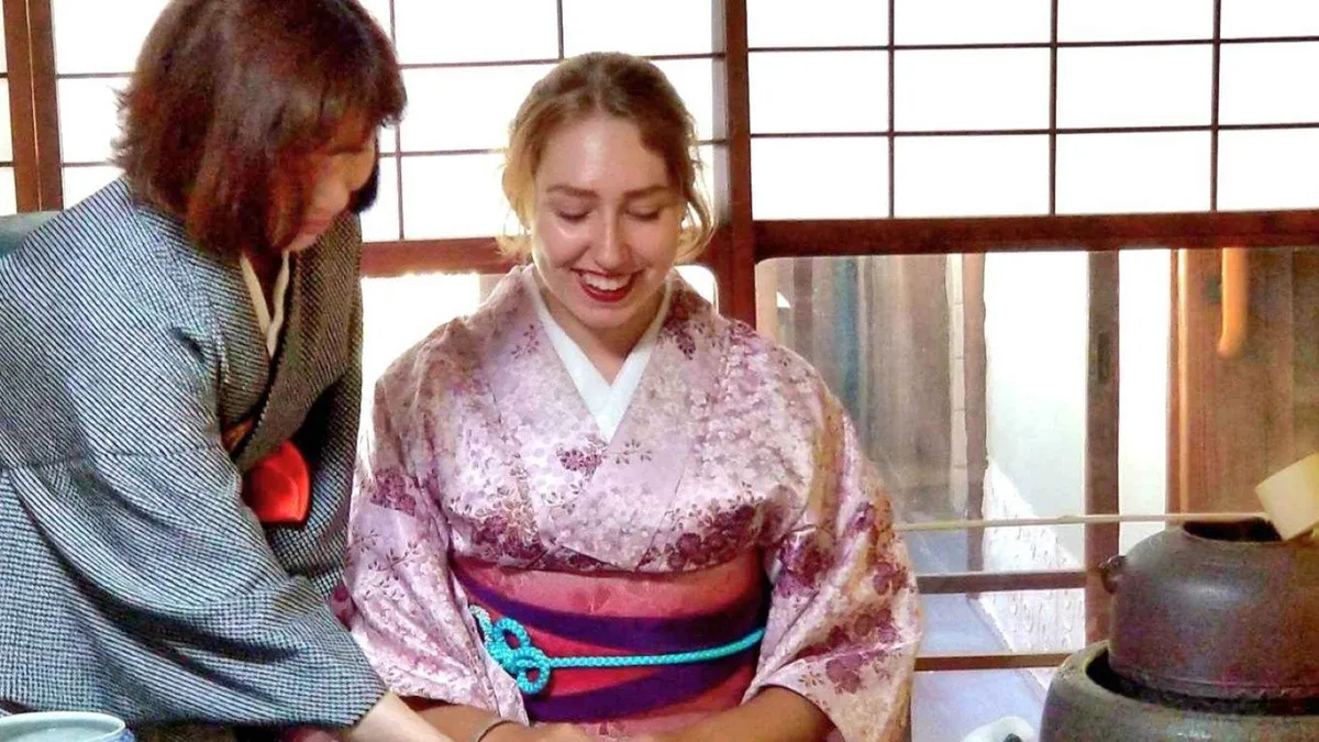 Table-style tea ceremony with seasonal sweets in a 100-year-old machiya townhouse, Kyoto Japan