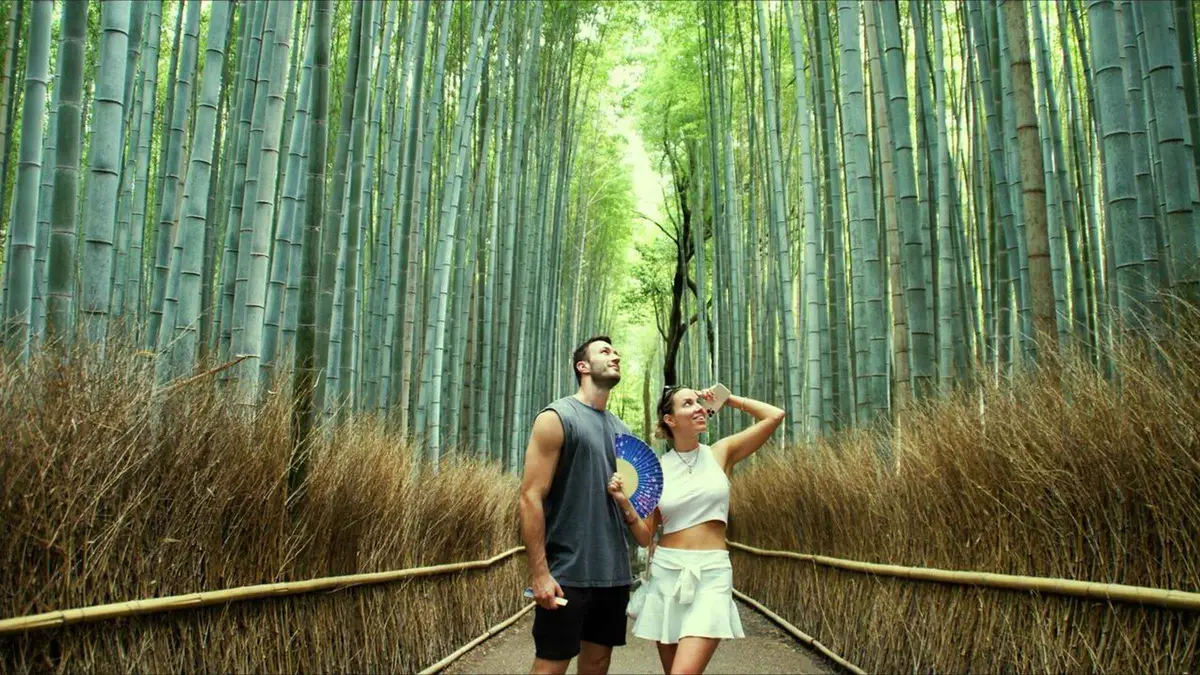 Matcha served beside the bamboo grove on an Arashiyama half-day tour, Kyoto Japan