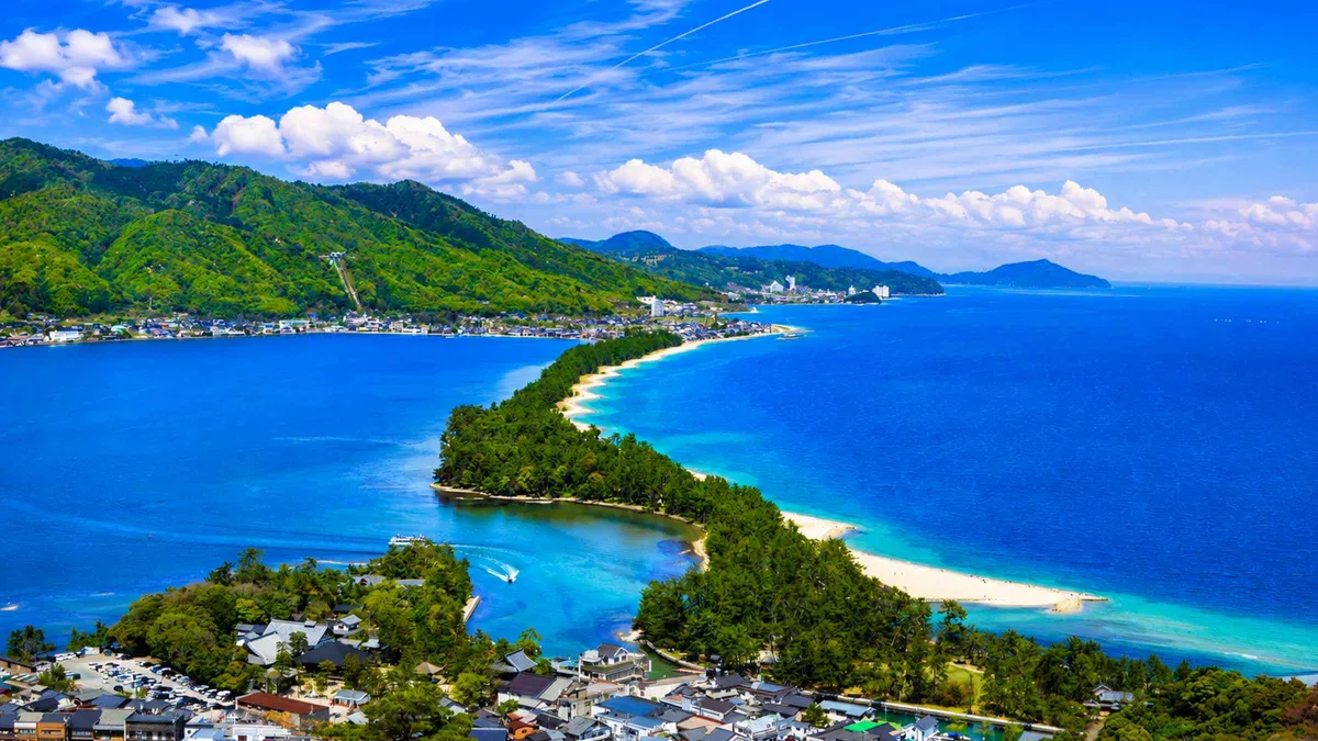 The pine-covered Amanohashidate sandbar seen from the cable-car viewpoint, Kyoto Japan
