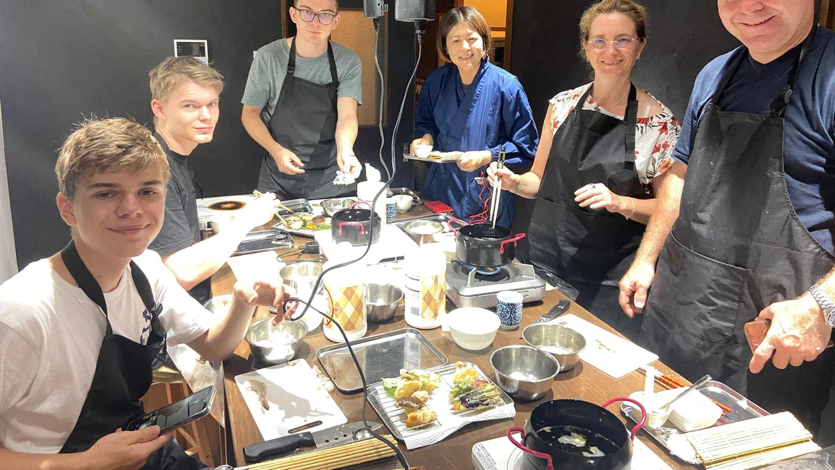 Finished bento box of sushi rolls and tempura at a Kyoto cooking class, Kyoto Japan