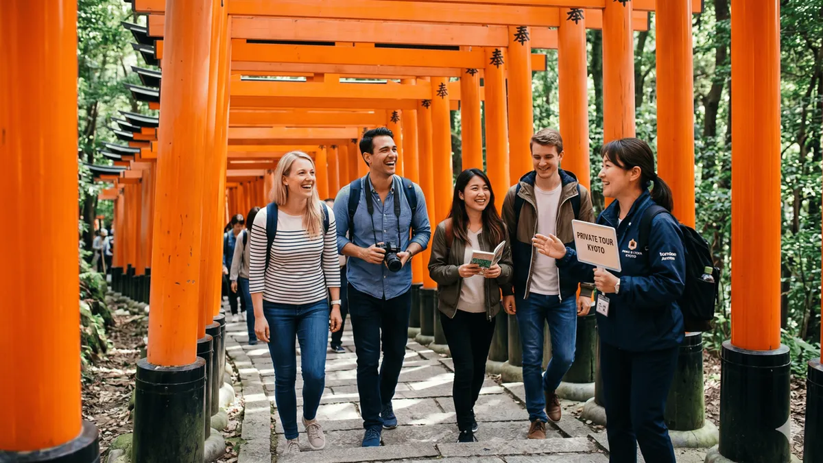 Licensed guide explaining a temple gate to two visitors on a private Kyoto tour, Kyoto Japan