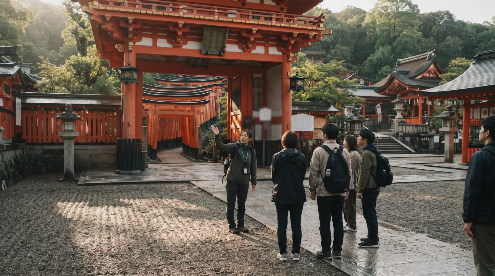 A licensed guide briefing a small group inside the Romon gate at Fushimi Inari early in the morning, one of the Kyoto tours compared on this page