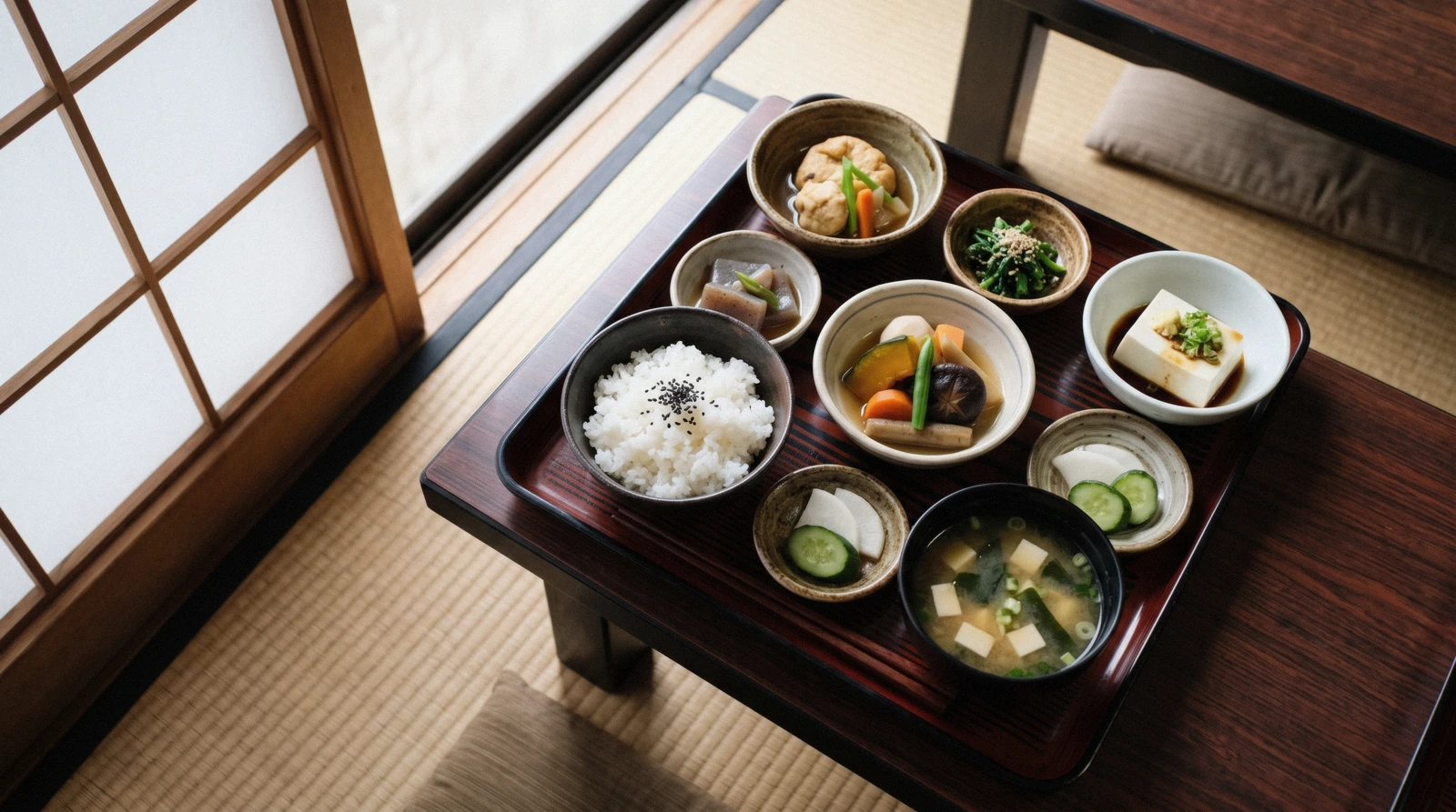 A tray of shojin ryori temple cuisine with tofu, vegetables and rice on a tatami table, Kyoto vegetarian Japan